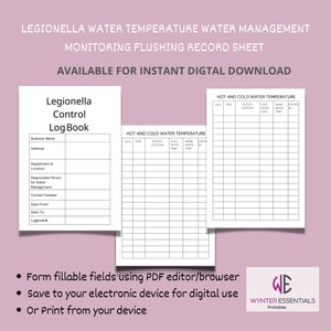 Puede incluir: Cuaderno de registro imprimible para realizar un seguimiento de la temperatura del agua de Legionella y controlar los registros de descarga. El cuaderno incluye secciones para el nombre de la empresa, la dirección, el departamento y la ubicación, la persona responsable de la gestión del agua, el número de contacto, la fecha de inicio, la fecha de finalización y el número del cuaderno. El cuaderno también incluye una tabla para registrar las lecturas de temperatura del agua caliente y fría.