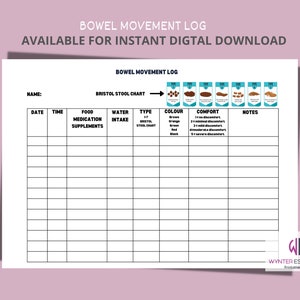 Darmbewegingslogboek Darmlogboekblad IBS Tracker Voedselgevoeligheid Bristol Ontlastingsdiagram Afdrukbare sjabloon A4 (29,7 x 21 cm) Bewerkbare formuliervelden