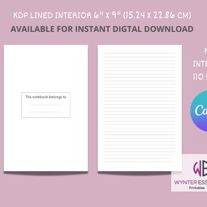 Puede incluir: Una plantilla de portada de cuaderno imprimible con interior rayado. La portada tiene un espacio para el texto "Este cuaderno pertenece a" y una línea en blanco para escribir un nombre. La página interior está rayada con líneas grises. La plantilla mide 6 pulgadas por 9 pulgadas (15,24 cm x 22,86 cm) y tiene 110 páginas.