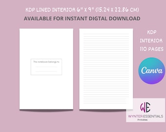 May include: A printable notebook cover template with a lined interior. The cover has a space for the text "This notebook belongs to" and a blank line for writing a name. The interior page is lined with gray lines. The template is 6 inches by 9 inches (15.24 cm x 22.86 cm) and has 110 pages.