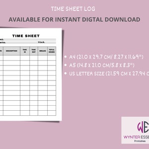 Time sheet Template Time Sheet Log Employee Working Hours Employee Time Sheet Printable A4 A5 US Letter Size INSTANT DOWNLOAD Editable Form