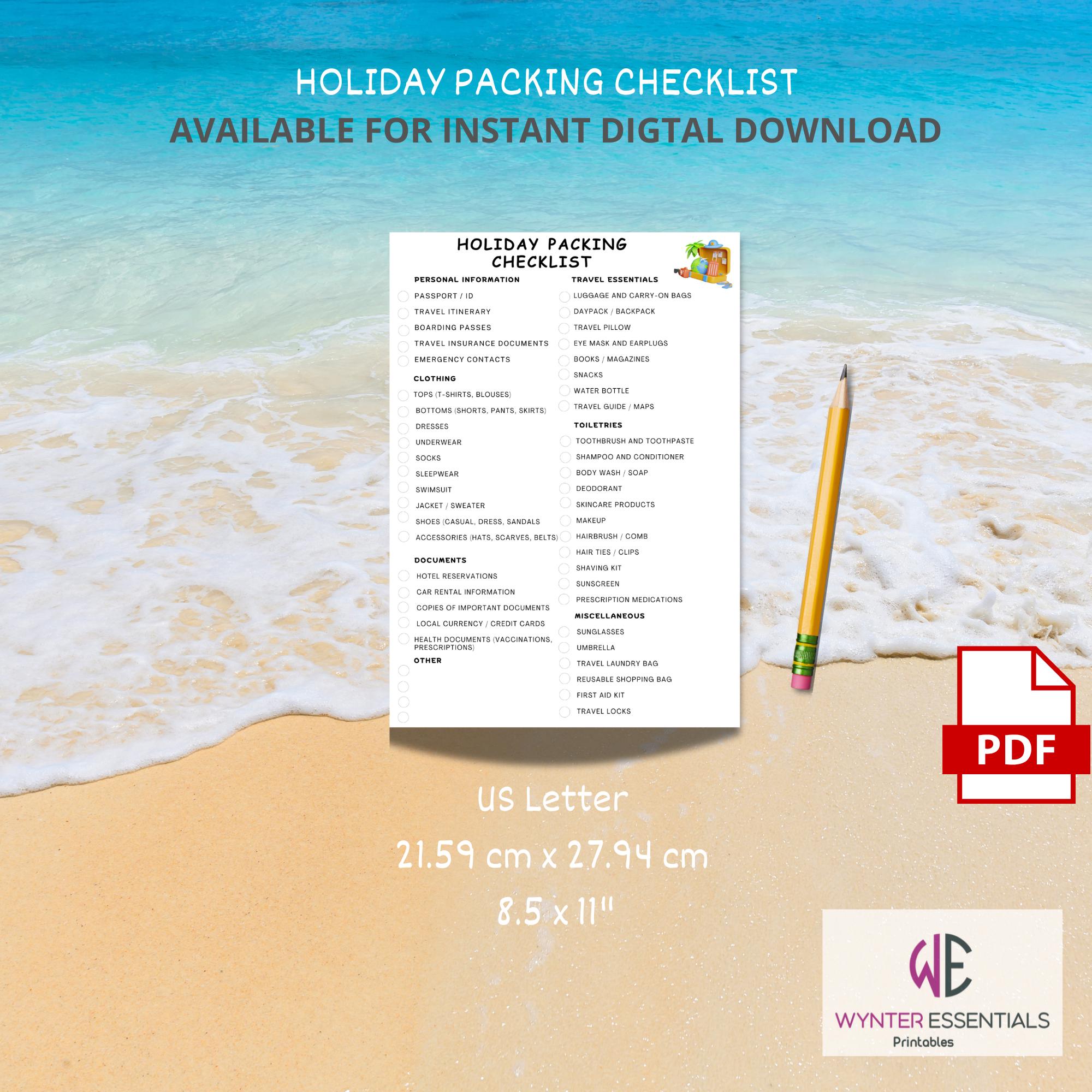 Printable Packing Checklist for Holidays, Travel Planner, Packing List ...