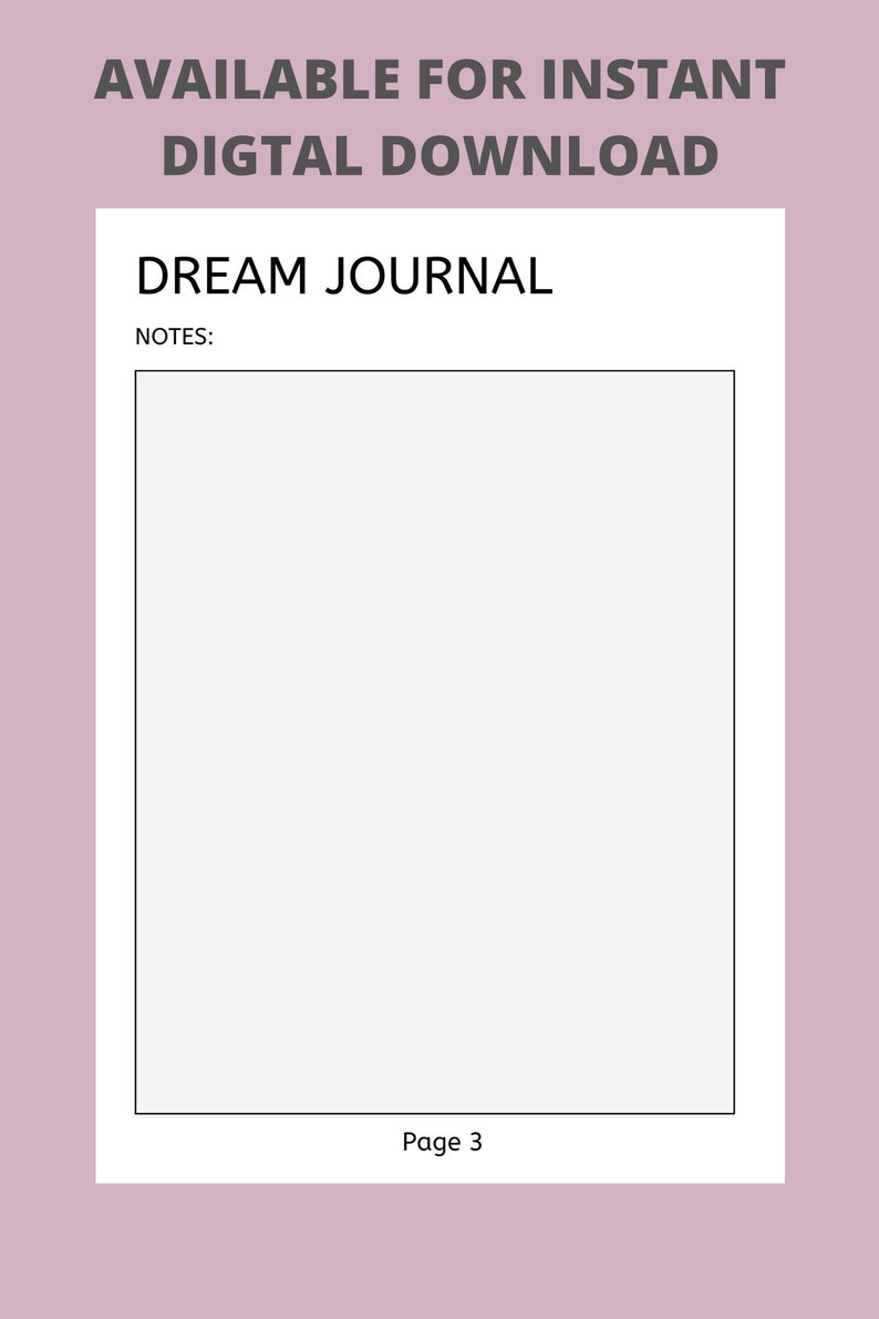 May include: A printable dream journal page with the title "Dream Journal" and the text "Notes:" at the top. The page is numbered "Page 3" at the bottom.