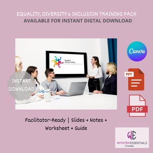 May include: An image promoting an Equality & Diversity Training Pack. The scene shows a business meeting with a screen displaying the training title. Text includes "Instant Download" and "Facilitator-Ready | Slides + Notes + Worksheet + Guide."