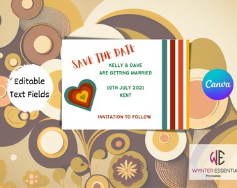 Wedding Save the Date Card Save The date Template 70s Themed Design Personalised Canva Printable Editable Instant Digital Download