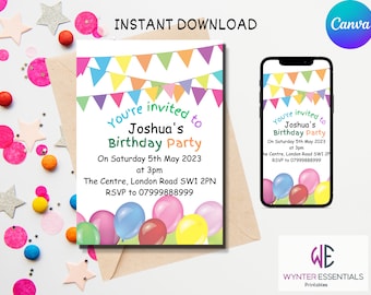 May include: A printable birthday party invitation with a colorful bunting banner and balloons. The invitation says "You're invited to Joshua's Birthday Party" and includes the date, time, and location of the party. The invitation also includes a phone number for RSVP.