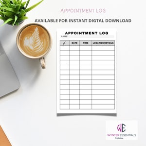 May include: A printable appointment log with a black and white design. The log has columns for date, time, and location details. The text "APPOINTMENT LOG" is at the top of the page.