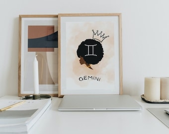 Gemini Afro Queen Printable Digital Wall Art-Digtal Download A3, A4 , A5 - Horoscope, Astrology, Zodiac, Star Sign Wall Art for Home Decor