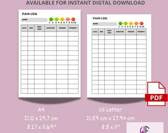 May include: Printable pain log template in PDF format. The template includes sections for date, time, body area, duration, trigger, and intensity. The intensity scale is represented by a row of smiley faces, ranging from 1 to 10. The template is available in two sizes: A4 (21.0 x 29.7 cm or 8.27 x 11.69 inches) and US Letter (21.59 cm x 27.94 cm or 8.5 x 11 inches).