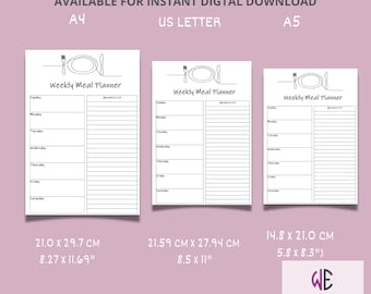 May include: Printable weekly meal planner in three sizes: 8.27 x 11.69 inches, 8.5 x 11 inches, and 5.8 x 8.3 inches. Each planner features a simple design with a plate, fork, and knife.