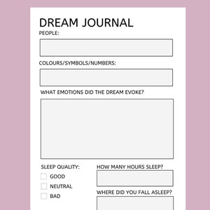 May include: A printable dream journal page with sections for recording people, colors, symbols, numbers, emotions, sleep quality, hours slept, and where you fell asleep. The page is labeled "Page 2".