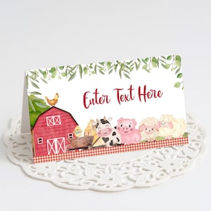 Bearbeitbare Bauernhof Geburtstagslebensmittelkartenvorlage, Scheunentiere Buffetzeltkarte, Red Boy Barnyard Party Food Tag, druckbarer digitaler Download, FARM1