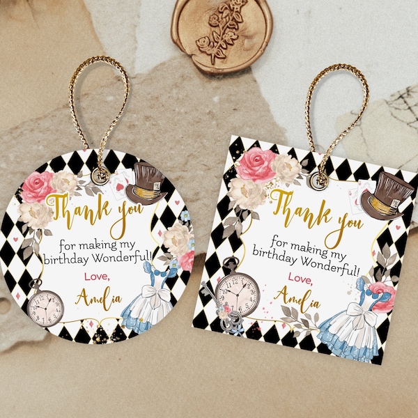 Editable Alice in Wonderland Favor Tag, Round/Square Label, Gift Tag, Thank You Tag Sticker Printable Digital Download Template, ALICE1