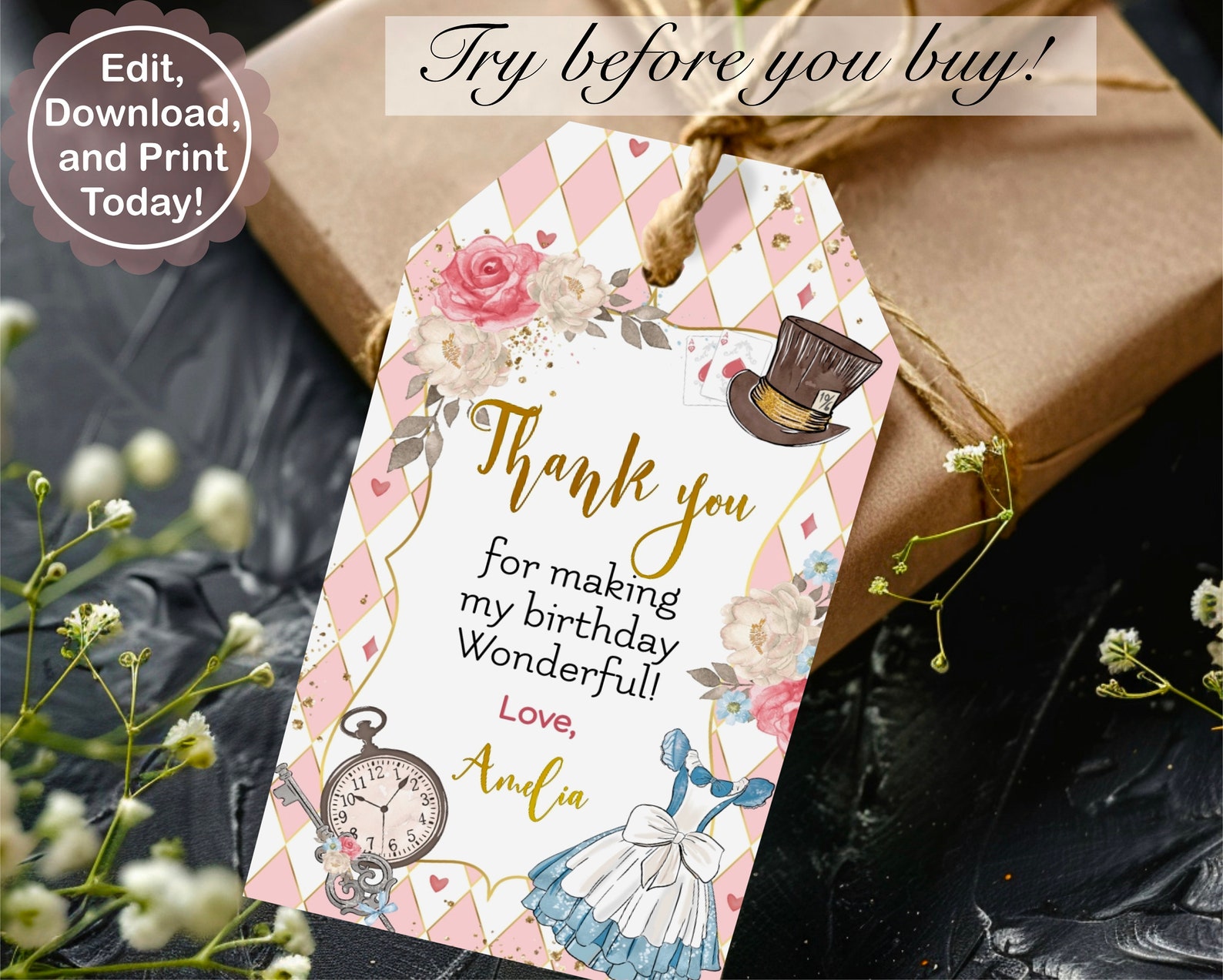Editable Alice in Wonderland Favor Tag, Rectangle Tag Label, Gift Tag ...