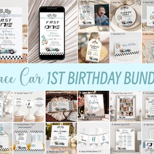 Bearbeitbare Rennwagen-erste Geburtstags-Bundle-Vorlage, Rennwagen schnell ein 1. Geburtstagsparty-Bundle, blau, druckbare digitaler Download, RACE1