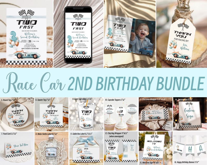 May include: A printable race car themed 2nd birthday party bundle. The bundle includes a variety of printable items, such as invitations, food labels, cupcake toppers, thank you tags, and a welcome sign. The items feature a blue and white color scheme with a vintage race car design.