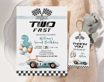 Redigerbar mall för racerbilsinbjudan till andra födelsedag, racerbil två snabba 2-årsdagsinbjudan, blå, utskrivbar digital nedladdning, RACE1