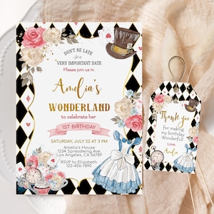 Editable Alice in Wonderland First Birthday Invitation Template, Alice in Onederland Favor Tag, Printable Digital Download, ALICE1