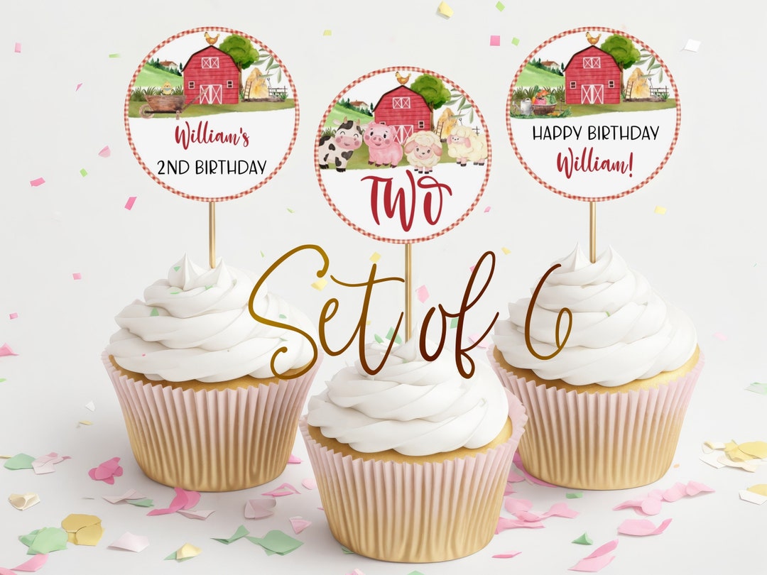Editable SET OF 6 Farm Birthday Cupcake Topper Template, Barn Animals ...