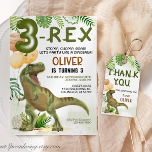 Modelo de convite de aniversário editável Three Rex, convite de terceiro aniversário, terceiro aniversário, T Rex 3-Rex, dinossauro, download digital para impressão, DINO4