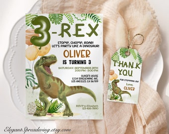 May include: A green and brown dinosaur birthday invitation with a green number 3 and the text "3-Rex Stomp, Chomp, Roar! Let's party like a dinosaur! Oliver is turning 3" and a thank you tag with a dinosaur and the text "Thank You for stomping by! Love, Oliver".