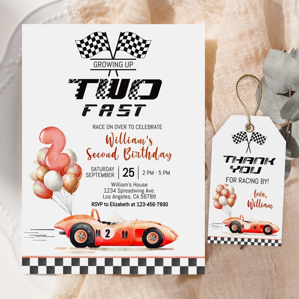 Editable Race Car Second Birthday Invitation Template, Racing Car Two Fast 2nd Birthday Invite, Red, Printable Digital Download, RACE2