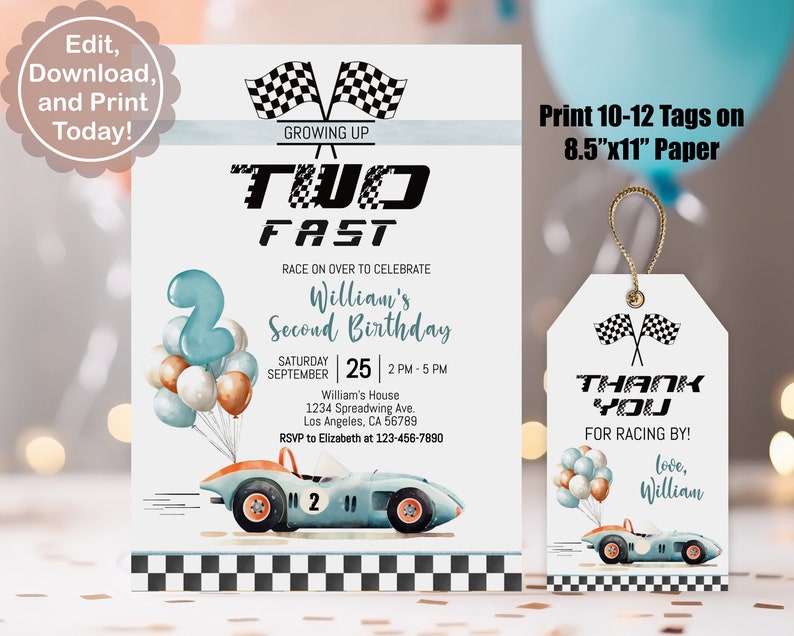 May include: A blue and white race car birthday party invitation with a blue number two balloon and a checkered flag design. The invitation says "Growing Up Two Fast" and includes the text "Race on over to celebrate William's Second Birthday".