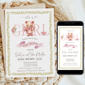 Convite editável para chá de bebê com ursinho rosa, convite para chá de bebê de menina, ursinho rosa clássico, modelo digital para impressão, BEAR4
