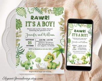 Edytowalny szablon zaproszenia na baby shower z dinozaurem, zaproszenie na baby shower z dinozaurem dla chłopca, do wydrukowania w wersji cyfrowej, DINO5