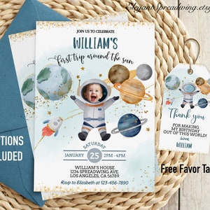 Modelo de convite editável para a primeira viagem ao redor do Sol no espaço sideral, convite para menino astronauta, lançamento de galáxia, download digital para impressão SPACE1