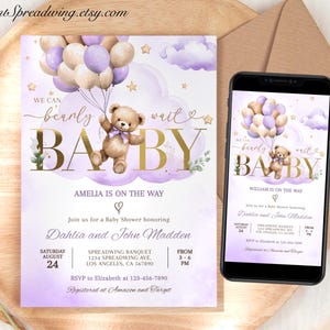 Convite editável para chá de bebê com ursinho roxo, convite para chá de bebê "We Can Bearly Wait", ursinha roxa, modelo digital para impressão BEAR4
