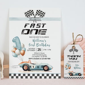 Sjabloon bewerkbare racewagen eerste verjaardagsuitnodiging, Racing Car Fast One 1e verjaardagsuitnodiging, blauw, afdrukbare digitale download, RACE1