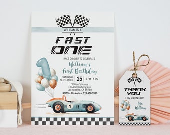 Editable Race Car First Birthday Invitation Template, Racing Car Fast One 1st Birthday Invite, Blue, Printable Digital Download, RACE1