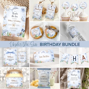 May include: Under the Sea 1st Birthday Party Bundle. This printable set includes a welcome sign, custom sign, invitation, thank you cards, favor tags, cupcake toppers, water bottle labels, chip bag labels, and a banner. The design features a blue and gold color scheme with a watercolor illustration of sea creatures.