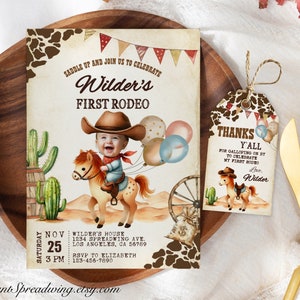 Bewerkbare sjabloon cowboy eerste 1e verjaardag uitnodiging, eerste rodeo verjaardagsuitnodiging, uitnodiging wilde westen afdrukbare digitale download COWBOY2