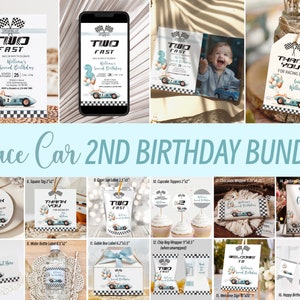 Op de afbeelding: Een printbare raceauto-thema 2e verjaardag feestpakket. Het pakket bevat een verscheidenheid aan printbare items zoals uitnodigingen, voedsellabels, cupcake toppers, bedankkaartjes en een welkomstbord. De items hebben een blauw-wit kleurenschema met een vintage raceauto ontwerp.