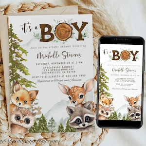 Sjabloon bewerkbare Woodland Boy Baby Shower Uitnodiging, Woodland Forest Animals elektronische uitnodiging, afdrukbare digitale download, WOOD1