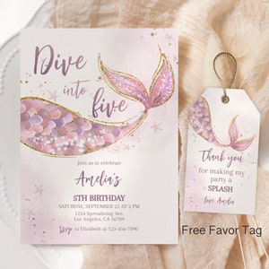 Bearbeitbare Mermaid Dive in fünf Mädchen zum 5. Geburtstag Einladung Vorlage, Mermaid Tail einladen Favor Tag, druckbare digitaler Download, MERMAID1