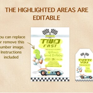 May include: A blue and white race car birthday invitation with a yellow watercolor background. The invitation says "Growing Up Two Fast" and includes details for a second birthday party. A matching thank you tag is also included.