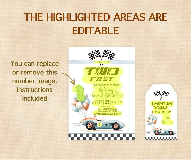 May include: A blue and white race car birthday invitation with a yellow watercolor background. The invitation says "Growing Up Two Fast" and includes details for a second birthday party. A matching thank you tag is also included.