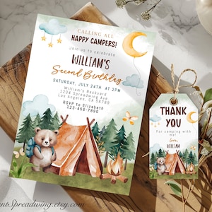 Modelo de convite de aniversário para acampamento editável, convite para acampamento feliz, festa divertida de acampamento ao ar livre, download digital para impressão de acampamento, CAMP1