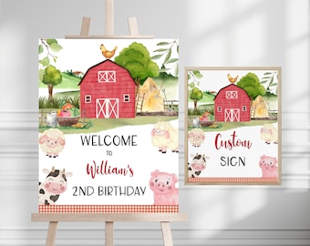 Bewerkbare sjabloon boerderij verjaardag welkomstbord, schuurdieren aangepast teken, boerderijdier Red Boy Barnyard Party afdrukbare digitale download, FARM1