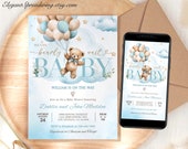 Editable Blue Teddy Bear Baby Shower Invitation, We Can Bearly Wait Baby Shower Invite, Blue Boy Bear, Printable Digital Template, BEAR2