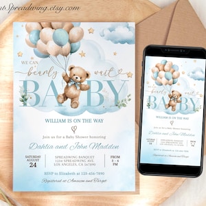 Invito modificabile per baby shower a tema orsetto blu, invito per baby shower a tema "Non vediamo l'ora", orsetto blu, modello digitale stampabile, BEAR2