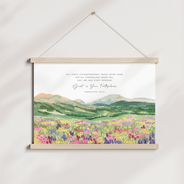 Great is Your Faithfulness Canvas Frame Christian Wall Art Print Lamentations 3:22-23 Wildflower Bible Verse Scripture Hanging Sign God love