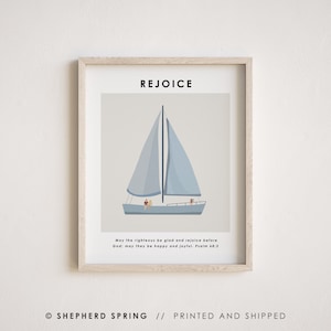 Christian Wall Art Sailboat Christian Gift with Scripture Artwork Ocean Theme Decor with Bible Verse Art Print Boat with People Ship Beach