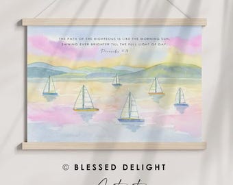 Toile suspendue - Prov. 4:18 ou Psaume 29_11 - Le chemin du juste/Le Seigneur donne la force - impression sur toile chrétienne aquarelle, panneau suspendu