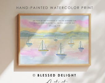 Aquarelle peinte à la main, impression d'ART chrétienne, Proverbes 4:18 ou Psaume 29 11, affiche de paysage de versets bibliques, décoration d'intérieur chrétienne
