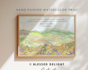Car je connais les projets que j'ai pour vous, Jérémie 29:11, art chrétien, impression d'art aquarelle paysage, oeuvre d'art biblique, décoration peinte à la main