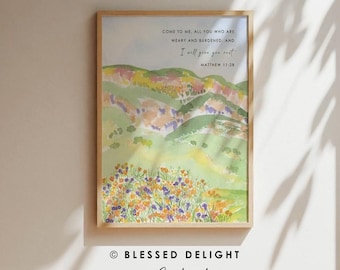 Je vous donnerai du repos, Matthieu 11:28, aquarelle chrétienne de paysage peinte à la main, fleurs sauvages à flanc de colline, décoration d'intérieur chrétienne